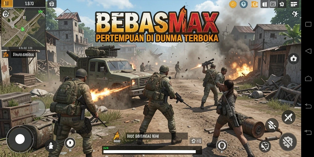 Screenshot utama BEBASMAX menampilkan aksi pertempuran yang mendebarkan.