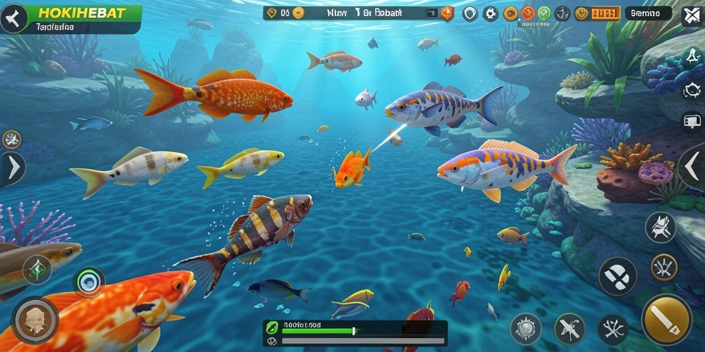 Screenshot gameplay HOKIHEBAT menampilkan aksi seru menembak ikan.