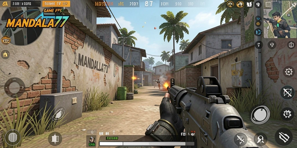 Screenshot gameplay MANDALA77 menampilkan aksi tembak menembak yang intens.