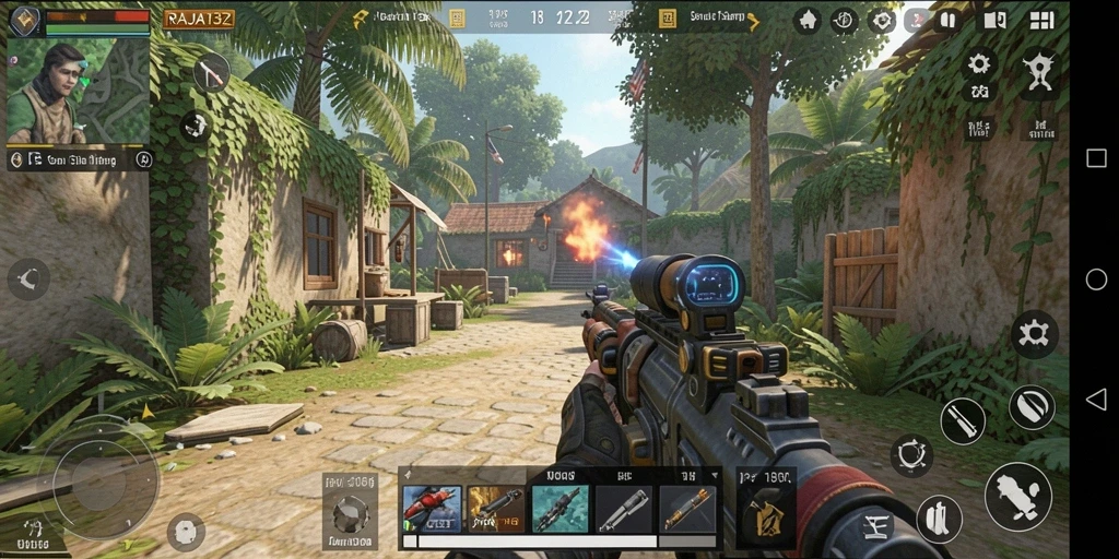 Screenshot gameplay RAJA132 menampilkan aksi tembak-menembak yang mendebarkan.