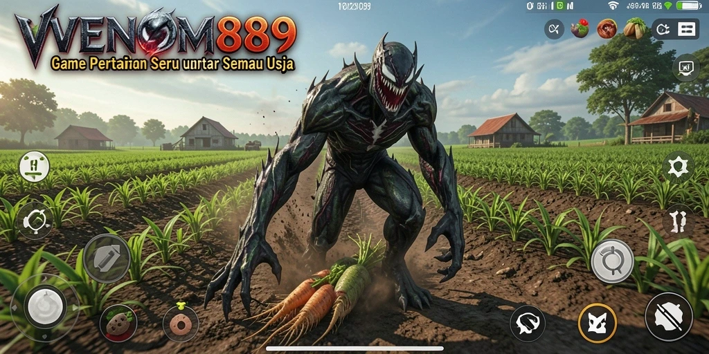 Tangkapan layar dari gameplay <strong>VENOM889</strong> yang menunjukkan suasana pertanian yang hidup.